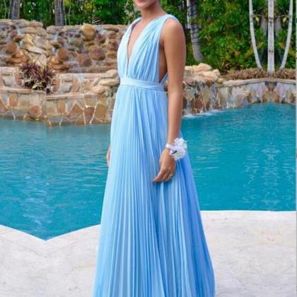 Deep V-neck Blue Chiffon Prom Dresses Floor Length..