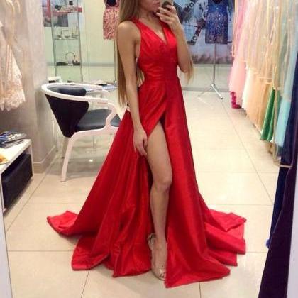 Deep V-neck Red Satin Prom Dresses Floor Length..
