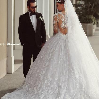 Scoop Neck Lace Bridal Gowns, Long Sleeves Ball..