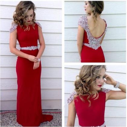 Open Back Sheath Red Chiffon Prom Dresses Crystals..