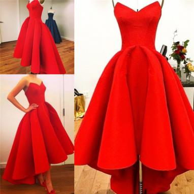 Dark Red Satin Prom Dresses High Low Sweetheart..