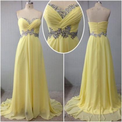 Sweetheart Neck Long Yellow Chiffon Prom Dresses..