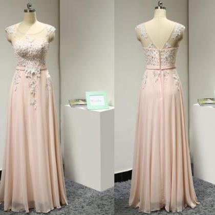 Scoop Neck Pink Chiffon Prom Dresses Lace..