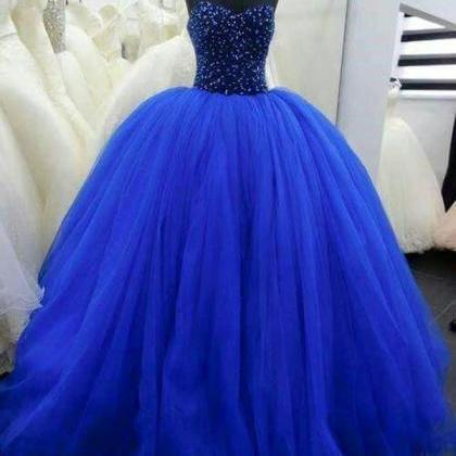 Ball Gown Blue Tulle Prom Dresses Sweetheart..