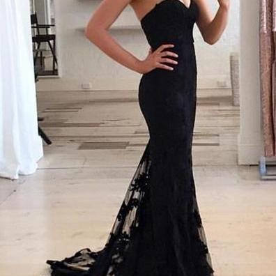Mermaid Lace Black Prom Dresses Sweetheart Neck..