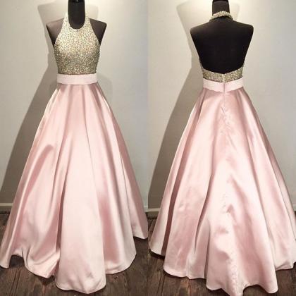 Floor Length Pink Satin Prom Dresses Crystals..