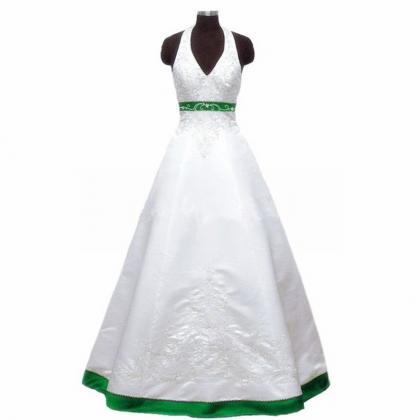 Embroidery White Satin Wedding Dresses Halter Neck..