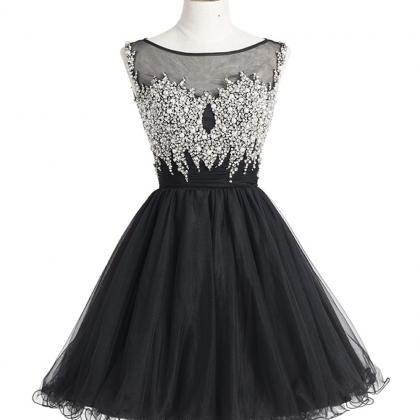 Short Black Tulle Homecoming Dresses Crystals..