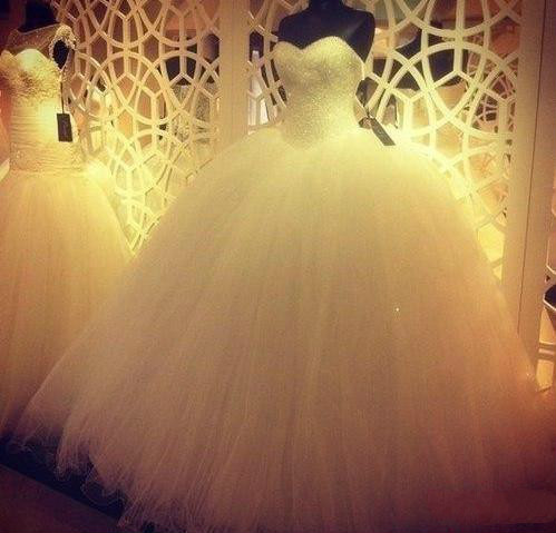Lace-up Ball Gown Ivory Tulle Bridal Gowns, Sweetheart Neck Crystals Wedding Dresses