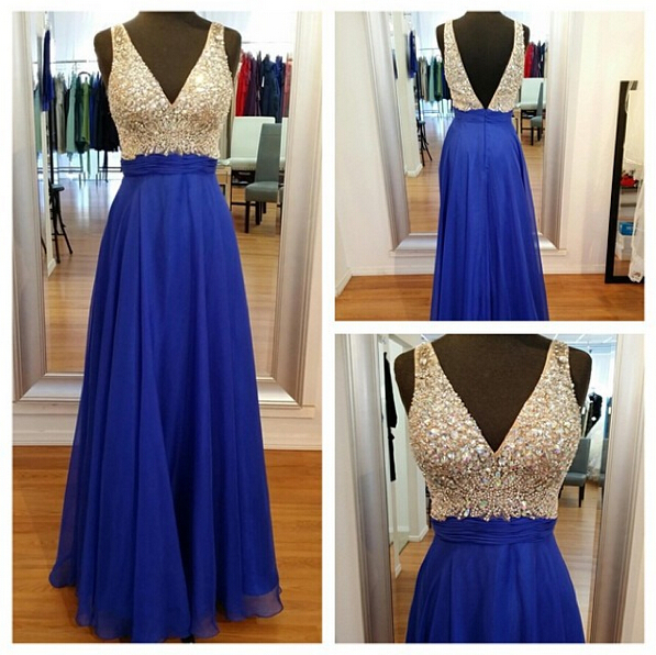 Navy Blue Chiffon Prom Dresses V-neck Long Crystals Beaded Women Gowns