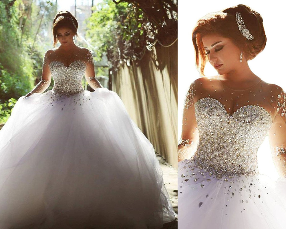 Ball Gown Tulle Wedding Dresses With Crystals Sweetheart Neck Style