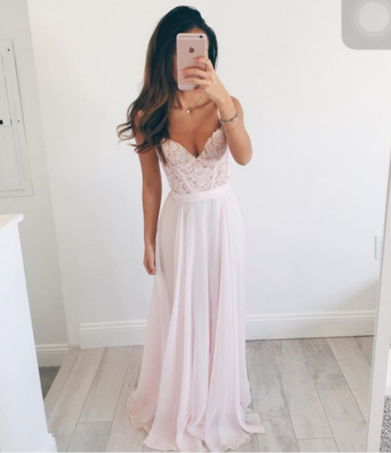 Sweetheart Neck Light Pink Chiffon Prom Dresses Lace Women Dresses