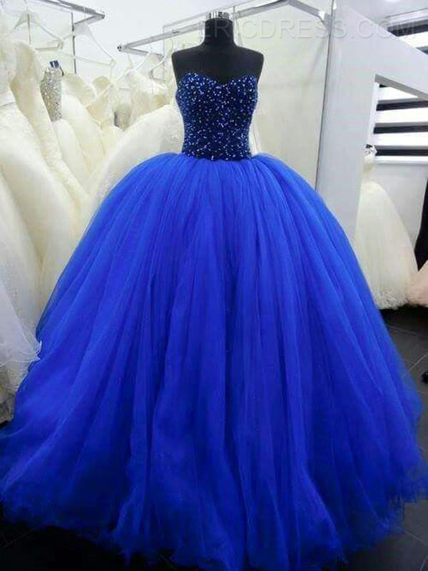 Ball Gown Blue Tulle Prom Dresses Sweetheart Crystals Women Party Dresses