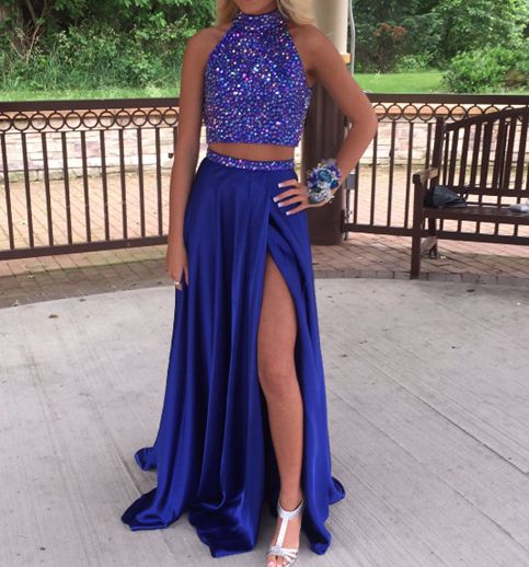 2 Piece Royal Blue Long Chiffon Prom Dresses Crystals Beaded Women Party Dresses