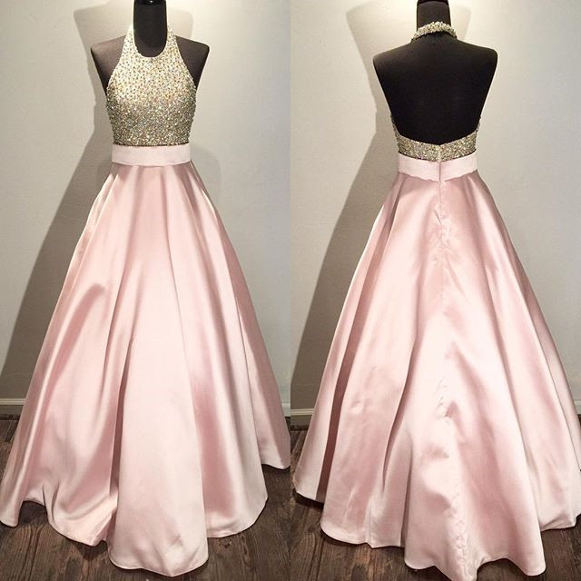 Floor Length Pink Satin Prom Dresses Crystals Women Party Dresses