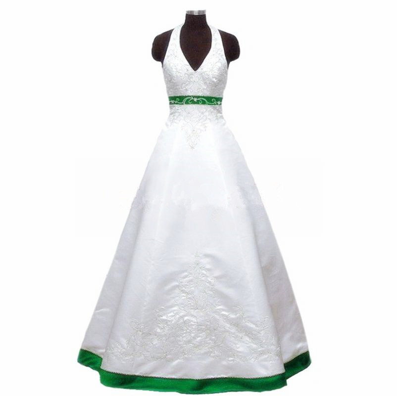 Embroidery White Satin Wedding Dresses Halter Neck Beaded Women Bridal Gowns
